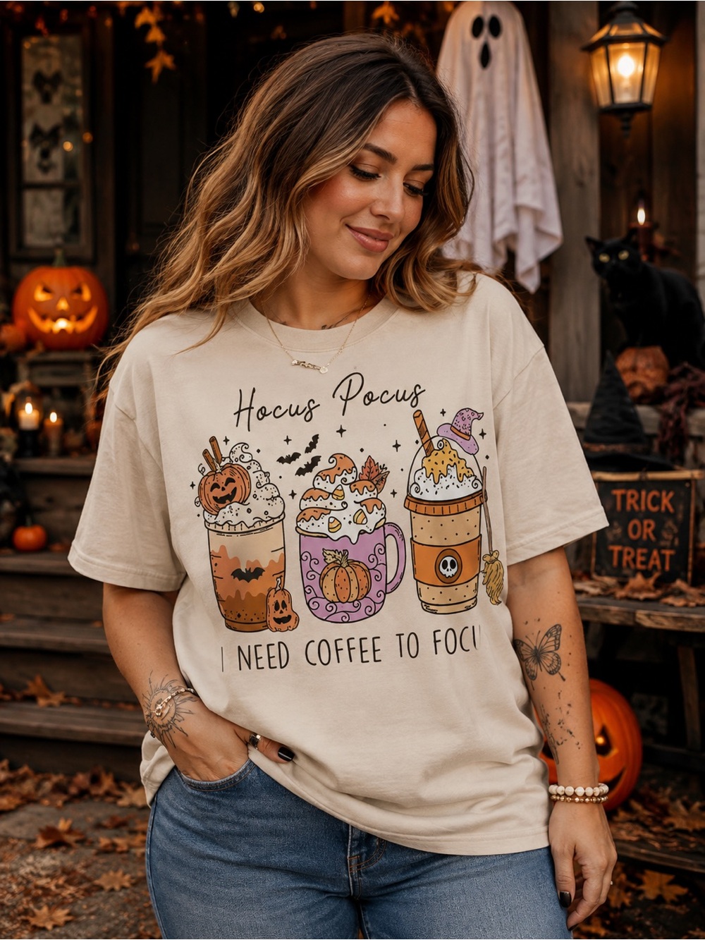 Hocus Pocus I Need Coffee To Focus Graphic Tee - Cream